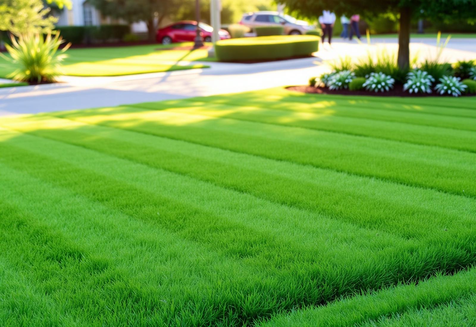 Freshly cut green lawn with mowing stripes
